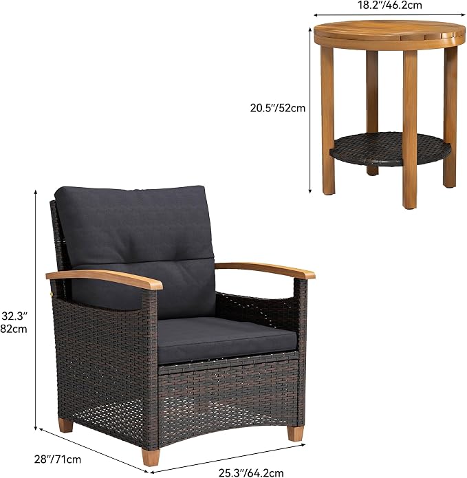 YITAHOME Wooden Armrest 3-Piece Patio Bistro Set, Wicker Bistro Set with Soft Cushions Comfort for Backyard, Balcony and Deck, Wooden Armrest and Side Table, Brown+Charcoal Gray