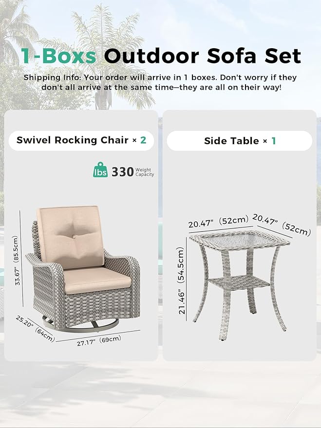 3 Piece Outdoor Wicker Patio Furniture Set,High Back Swivel Rocker Patio Chairs with 4" Thickened Cushions & Side Table, All-Weather PE Rattan for Garden, Backyard, Porch, Beige