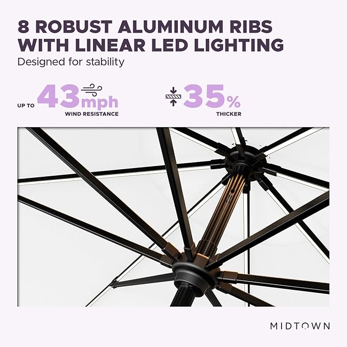 Midtown Umbrellas The LED Swilt 10 Feet Patio Umbrella With Terylast Ivory (White) Polyester Fabric - Auto-Tilt Aluminum Frame With LED Lights For Backyard, Deck, Garden, Pool - Black Pole