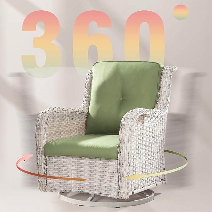 Joyside Outdoor Swivel Rocker Patio Chairs Set of 2 and Matching Side Table - 3 Piece Wicker Patio Bistro Set with Premium & Soft Fabric Cushions(Light Grey/Green)