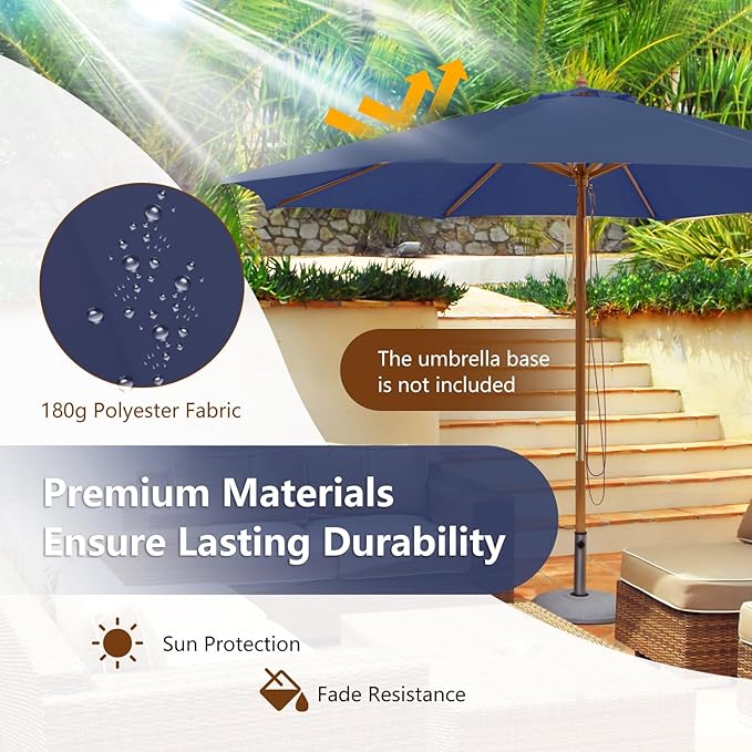 HAPPYGRILL 10 FT Wooden Patio Umbrella with Rope Pulley Lift, 8 Bamboo Ribs, 3 Adjustable Heights, Vented Roof, Outdoor Table Umbrella for Garden Poolside Backyard (Navy)