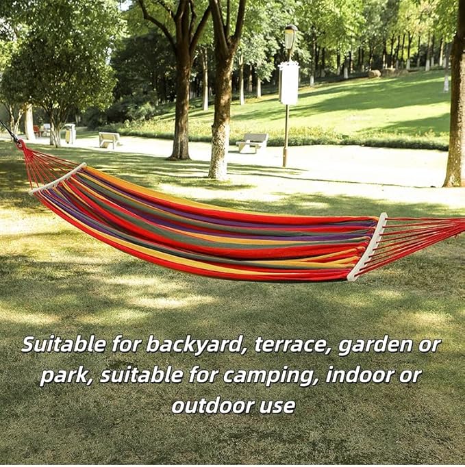 Rainbow Striped Double Hammock, Extra Large Cotton Canvas Outdoor Hammock for 1–2 People, Heavy Duty with Reinforced Hooks, Portable for Backyard, Garden, Camping, Indoor Outdoor Use (17.3 * 8.7)