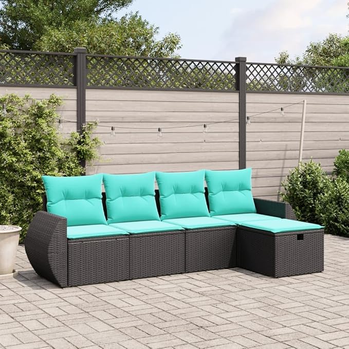 5 Piece Patio Sofa Set with Cushions, Patio Conversation Set Garden Lounge Set Sectional Sofa Porch Furniture Set for Poolside Piazza Exhibition Negotiation Area Black Poly Rattan