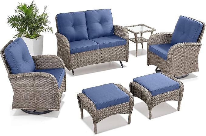 Belord 6 Pieces Wicker Patio Conversation Sets with Outdoor Swivel Rocker Chairs and Loveseat Glider Chair, All-Weather Rattan Furniture Set for Patio Deck Sunroom Backyard