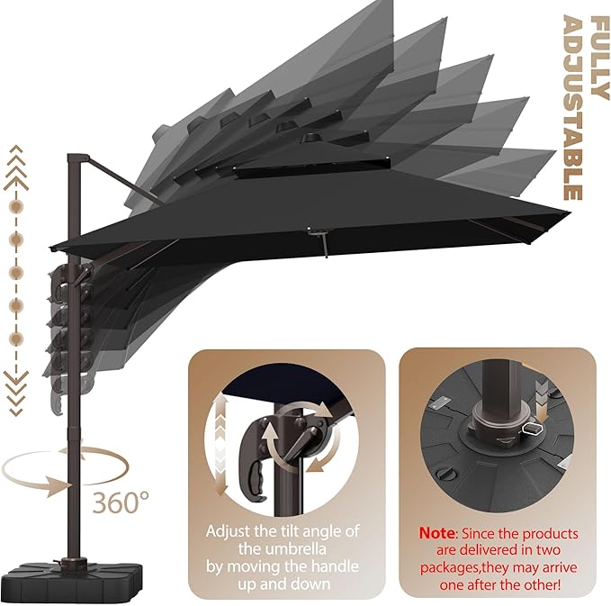 10x10Ft Patio Umbrella Outdoor Cantilever Rectangle Umbrella with Base Included, 6-Level Tilt & 360° Rotation Offset Umbrella for Garden, Deck, Pool(Black)