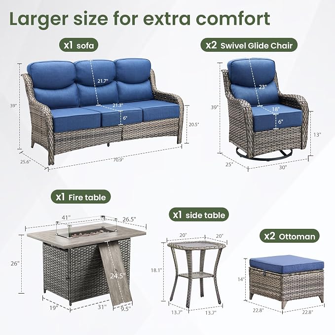 Luxury Patio Furniture Set with 6-inch Thick Cushion, Outdoor Furniture with Fire Pit Table, Swivel Chairs, Sofa, Side Table, Ottomans, 7pcs Wicker Conversation Set Grey Wicker | Blue Cushion