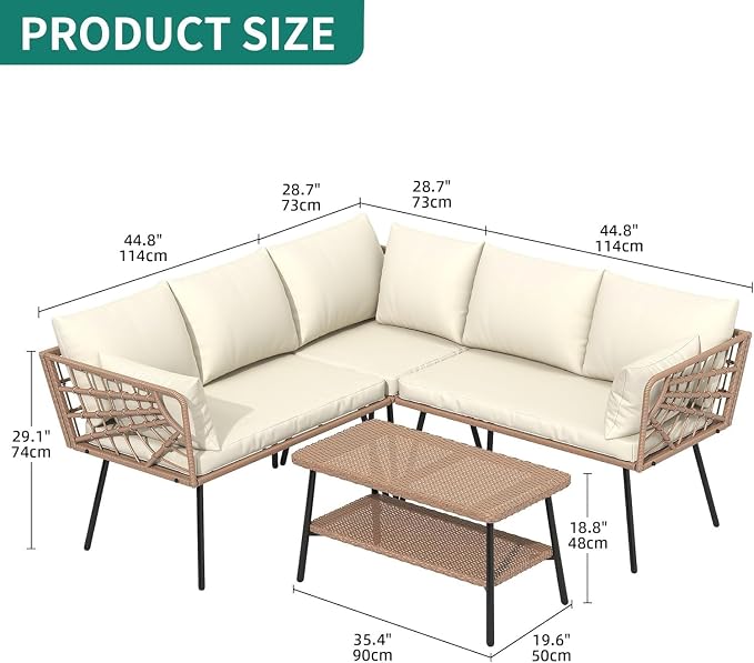 4PCS Patio Furniture Set Featuring L Shape Rattan Sectional Sofa with Thick Cushions, Two-Tier Coffee Table, Boho Outdoor Couch Conversation Set for Backyard, Garden, and Patio Seating