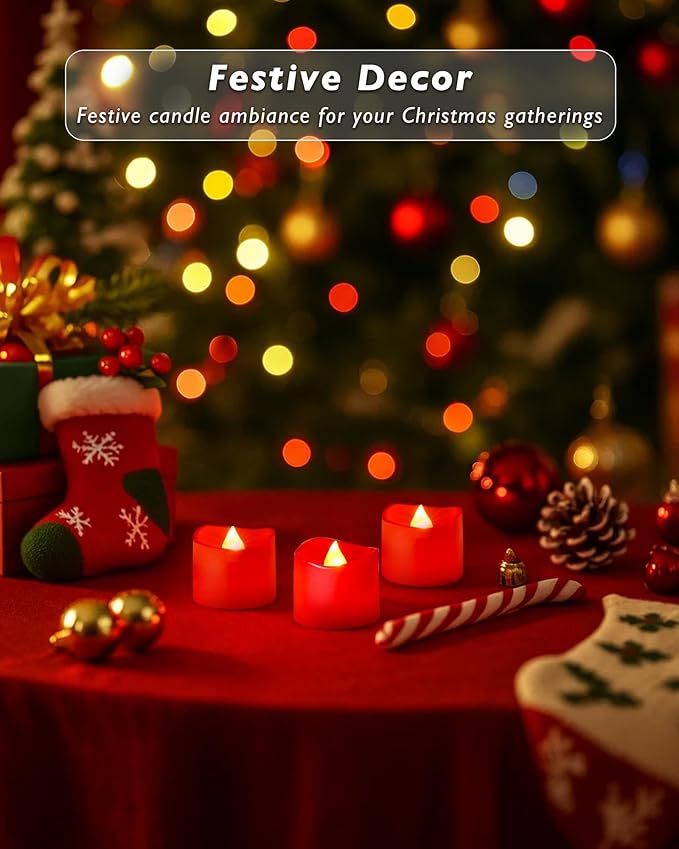 Raycare Red Battery Operated Tea Lights, 200+Hour Electric Flickering Flameless Candles, Realistic Votive LED Tea Lights for Wedding Party Table Halloween Christmas Decorations, Pack of 12