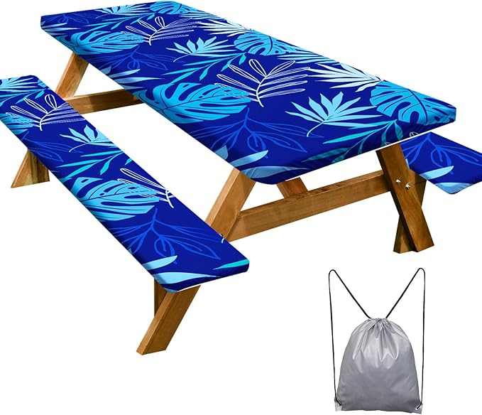 Play Tailor Picnic Table Cover with Bench Covers Camping Essentials Waterproof Windproof Camping Tablecloth with Drawstring Bag, Fitted Rectangle Tables and Seats, 60in, Dark Blue