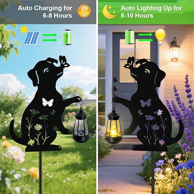 Solar Lights Outdoor, 2 Pack Metal Dog Solar Lights, Birthday Gifts for Women Mom Mother's Day, Waterproof Metal Hanging Lantern Stakes Garden Decor Outside Patio Yard Pathway Backyard,Lawn