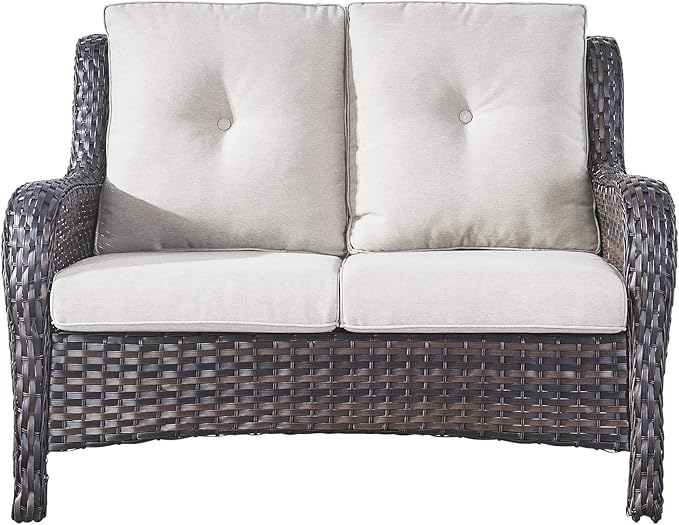 Rilyson Outdoor Loveseat Wicker Patio Sofa - 2-Seat Rattan Outdoor Couch Patio Furniture with Deep Seating and Comfortable Cushions for Outside Porch Deck Balcony(Brown/Beige)