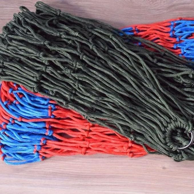 Nylon Rope Hammock 9 Groups 18 Knotted Ropes Mesh Outdoor Camping Hammock with Storage Bag Easy to Set Up(Green)