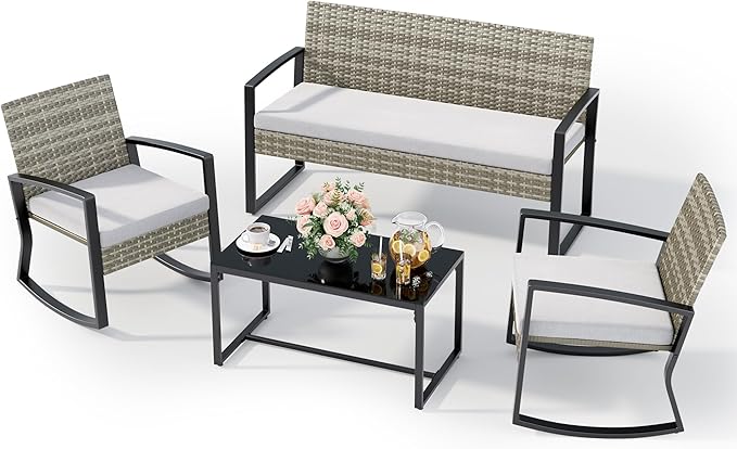 Ahomly 4 Piece Patio Furniture Set, Outdoor Wicker Patio Furniture with Glass Coffee Table, Rocking Patio Wicker Bistro Set, for Porch, Garden, Lawn (Light Grey)