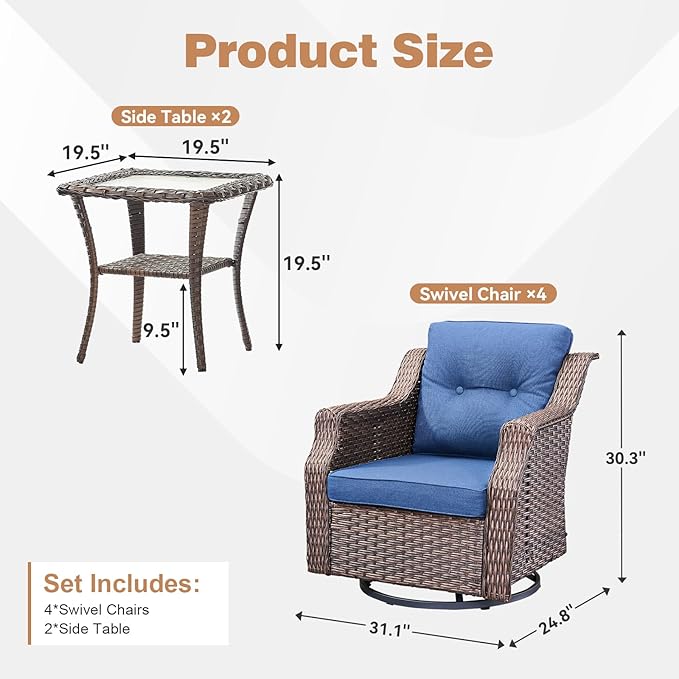 Outdoor Swivel Rocking Chair Set（ 6-Piece ）,All-Weather Wicker Rocking Chair Combination PE Rattan with Elegant Side Table Ideal for Courtyards, Balconies, Patios, and Porches Brown/Blue