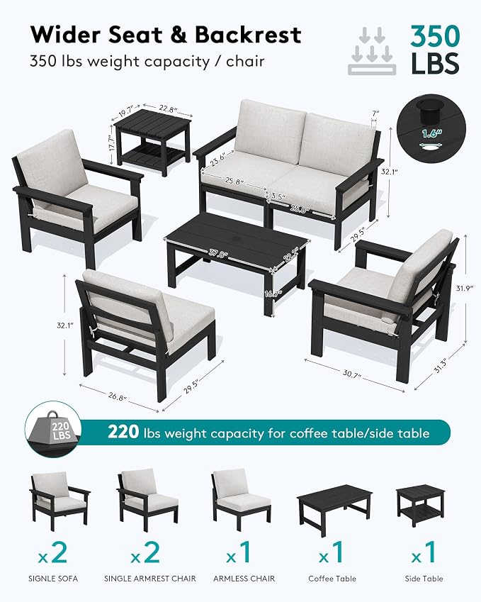 SERWALL HDPE Outdoor Couch with Coffee Table & Side Table & 15FT Umbrella
