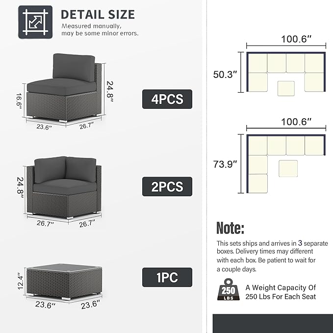 SUNCROWN 7-Piece Outdoor Patio Furniture Sofa Set All-Weather Black Wicker Sectional Conversation Set with Modern Glass Coffee Table and Cushions, Garden, Backyard, Deck, (Dark Grey)