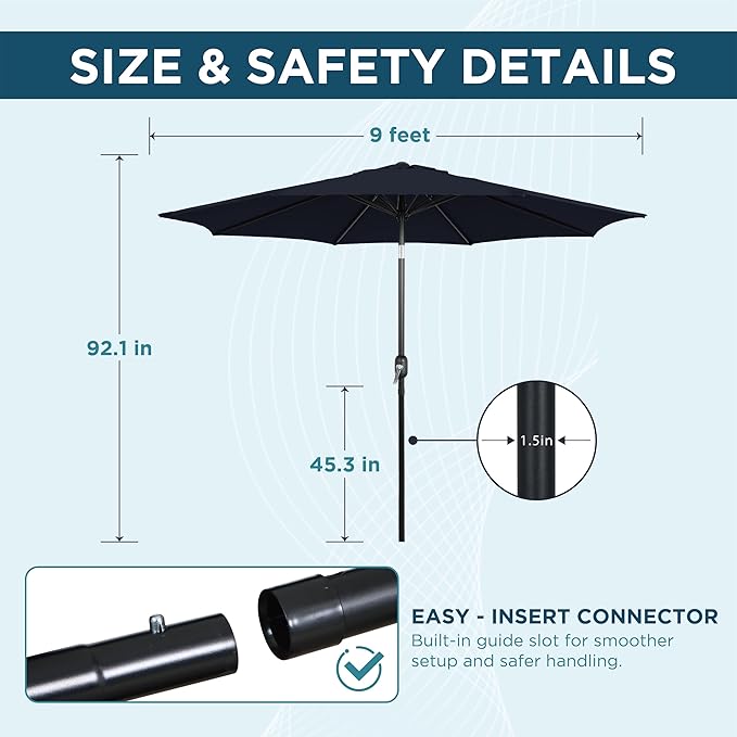 9FT Outdoor Patio Umbrella with Push Button Tilt and Crank, Market Umbrella, 8 Heavy-Duty Ribs, Outdoor Table Umbrella for Garden, Deck, Poolside & Backyard