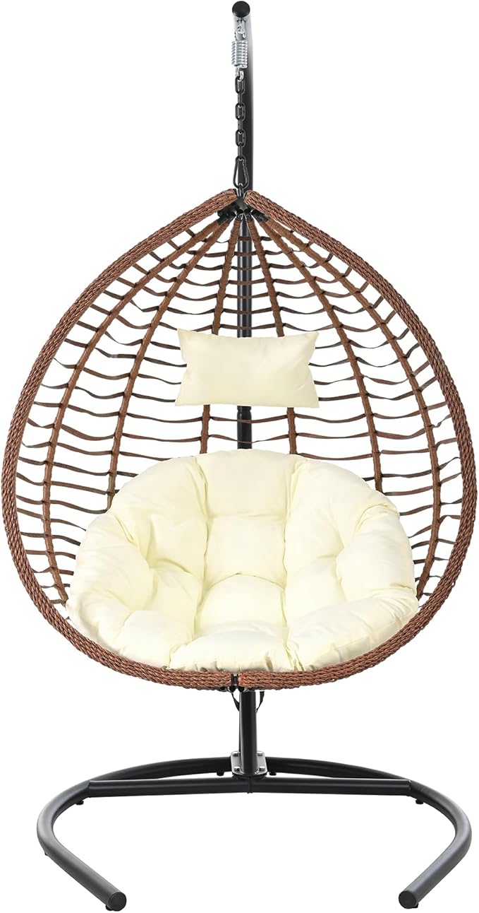Folding Egg Chair, Outdoor Hanging Hammock Chair with Stand, Patio Wicker Hanging Chair with Iron Frame and Plush Cushion & Removable Headrest for Bedroom, Balcony, Garden (BrownBeige-A)