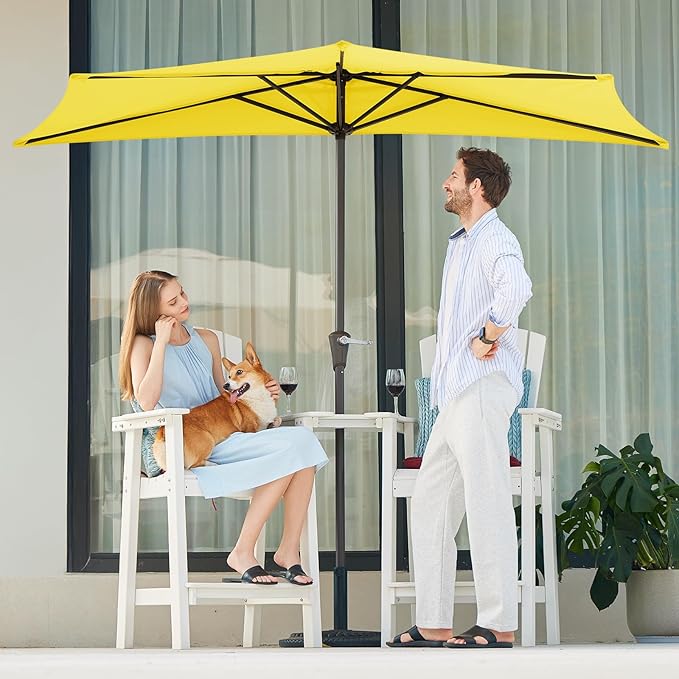 JEAREY 9ft Half Umbrella Outdoor Patio Umbrella Market Umbrellas with Crank, 1/2 Round Wall Umbrella 5 Sturdy Ribs UV Protection for Pool Garden Balcony Deck, Yellow