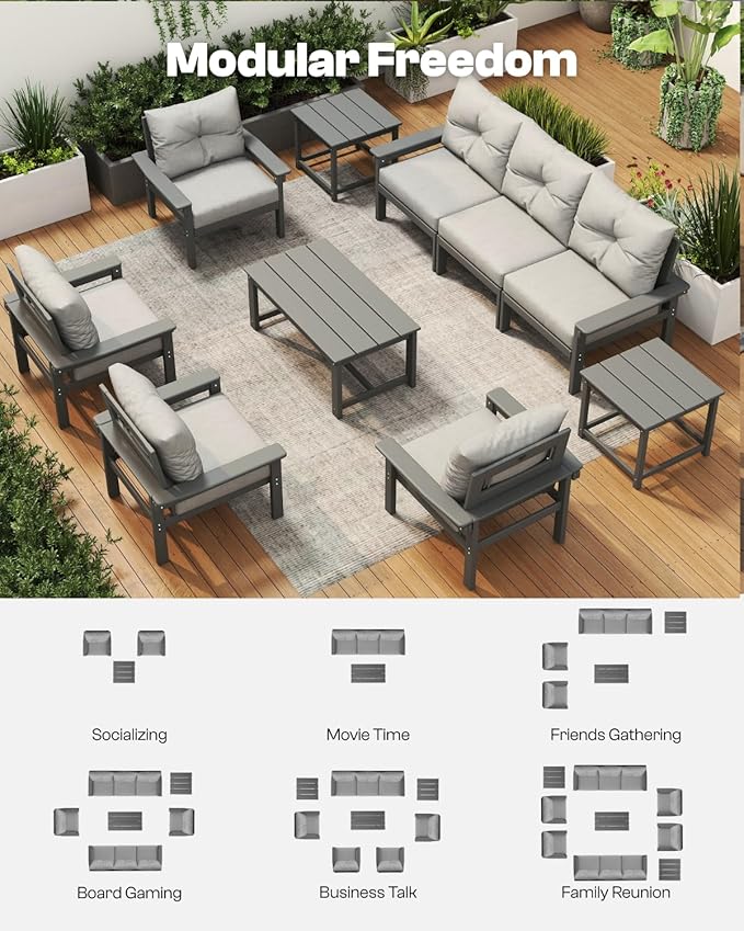 Grey HDPE Patio Sofa Set, 4-Piece Sectional Outdoor Patio Furniture Set, All Weather Outdoor Couch Set with Coffee Table & Washable Thick Cushions for Balcony, Porch, Poolside