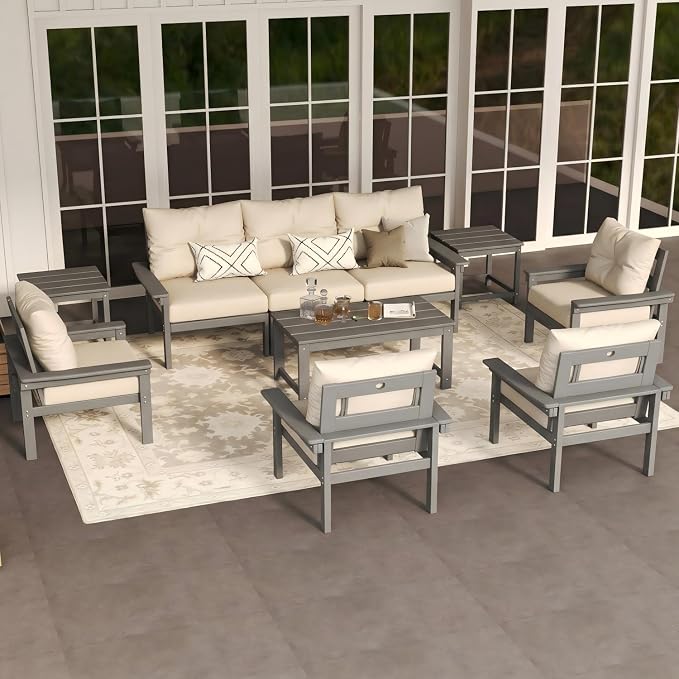 HDPE Outdoor Patio Furniture Set, 10-Piece Patio Conversation Set with 3-Seat Sofa, 4 Armchairs, 2 Side Tables & 1 Coffee Table, All-Weather Outdoor Sofa Set for Deck, Porch(Grey Frame)