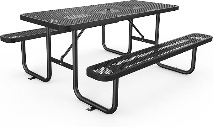 KEIKI 72" Heavy-Duty Metal Picnic Table with Benches, Commercial Outdoor Steel Table with 2.12" Umbrella Hole, 2.5mm Mesh Top, Rust-Resistant Coating, Patio Backyard Park Dining Furniture, Black