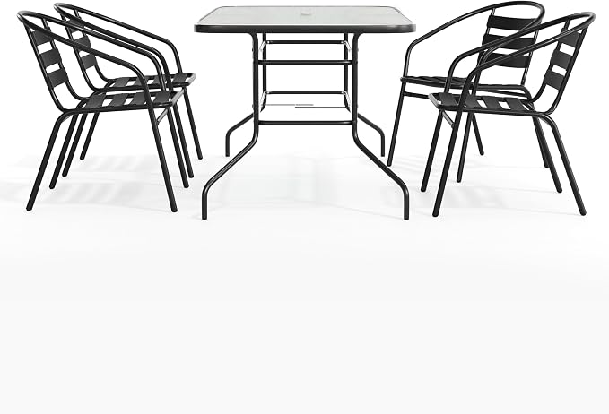 EMMA + OLIVER Patio Table & Chairs Set - Rectangular Metal Table with Tempered Glass Top - 4 Black Aluminum Stacking Chairs - All Weather for Indoor/Outdoor Use