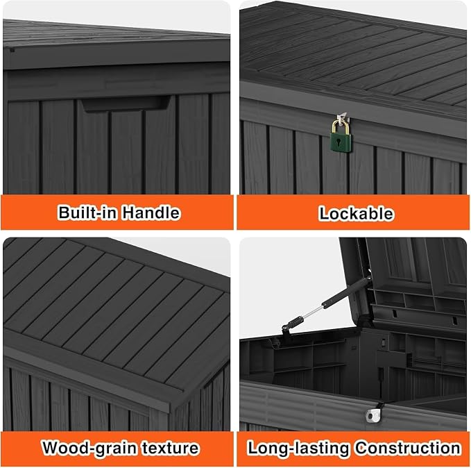 180 Gallon Outdoor Storage Deck Box, Large Storage Organizer for Patio Furniture Accessories, Garden Tools, Indoor Storage for Cushion, Black