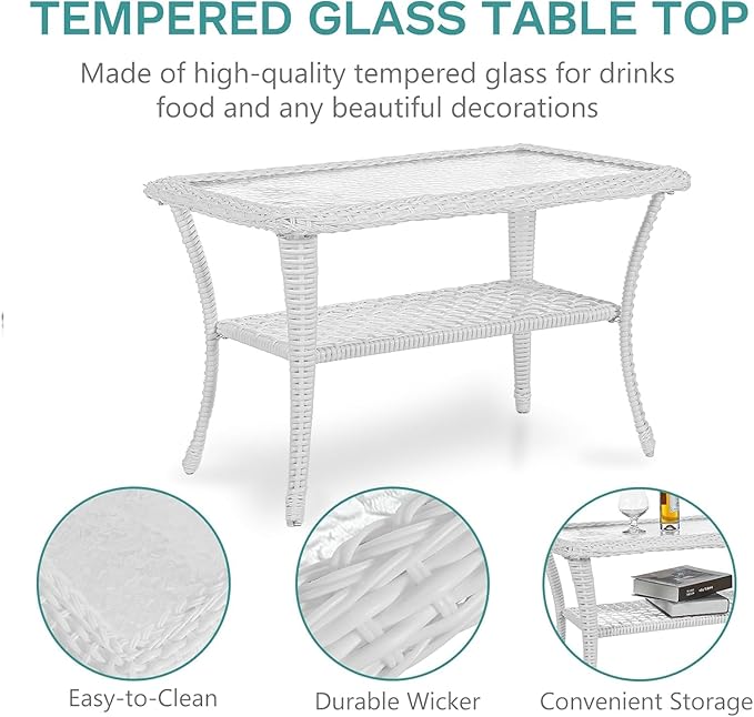 MEETWARM 4 Pieces Outdoor Wicker Patio Conversation Sets with Glider Loveseat, 2 Chairs with Coffee Table Wicker Rocking Chair Set, Patio Furniture Set with Thickened Cushions, White/Red
