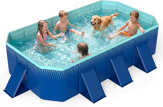 Goplus Foldable Non-Inflatable Swimming Pool, Portable Rectangle Around Ground Pool with 24 Hard Shell, Drain Hose, Outdoor Collapsible Kiddie Pool for Backyard Garden (Navy+Green,99x52 in)