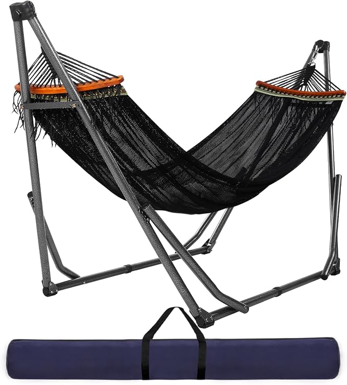 Goutime Collapsible Hammock Stand with Carry Bag, 550lbs, Portable,Black | 3 level adjustable up to 10ft, double layer hammock net, fits indoor, yard, camping, and outdoor use