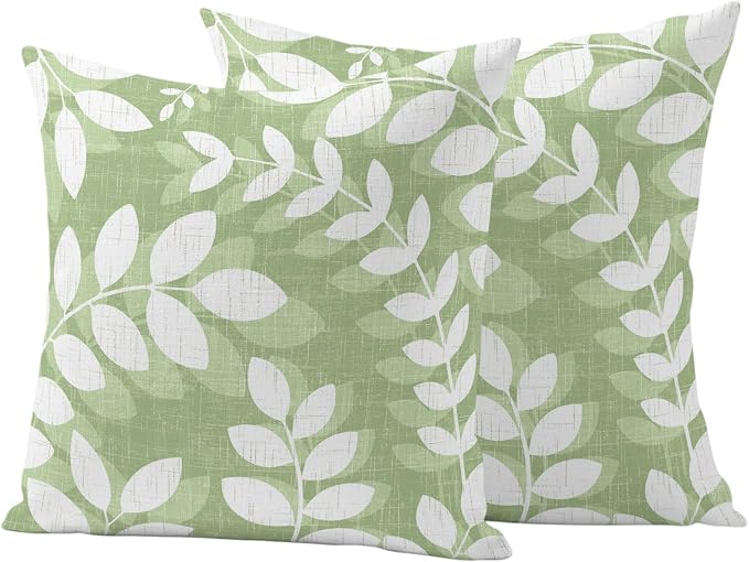 Olive Green Leaves Outdoor Waterproof Throw Pillow Covers 16x16 Set of 2, Farmhouse Botanical Branch Vintage Boho Decorative Pillowcases Cushion Pillowcase for Couch Sofa Patio Pillow Protector
