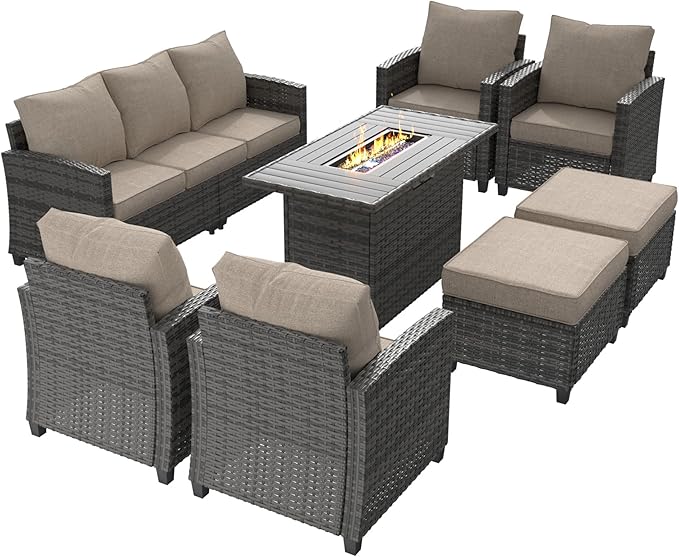 UDPATIO Patio Furniture Set with 44" Fire Pit Table, 8 Pieces Outdoor Sectional Conversation Sets, All-Weather Wicker Rattan Sofa Ottoman with 4" Thick Cushion for Garden Backyard Deck, Khaki