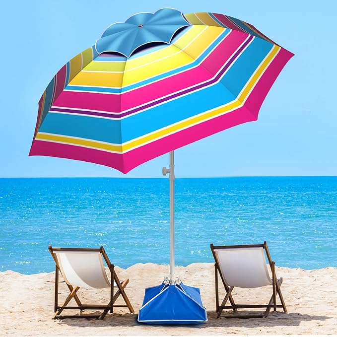 Fisqueen 8FT Large Beach Umbrella with Level 7 Wind Resistance, Sand Anchor, Portable Outdoor Umbrella with UPF50+ UV Protection, Tilt Sun Shelter for Beach, Patio, Yard