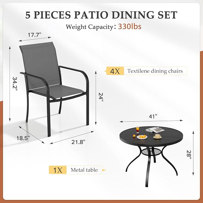 5-Piece Patio Dining Set,4 Person Outdoor Table and Chairs Set, 4 Metal Dining Chairs and Round Outdoor Table with 1.57" Umbrella Hole,Grey