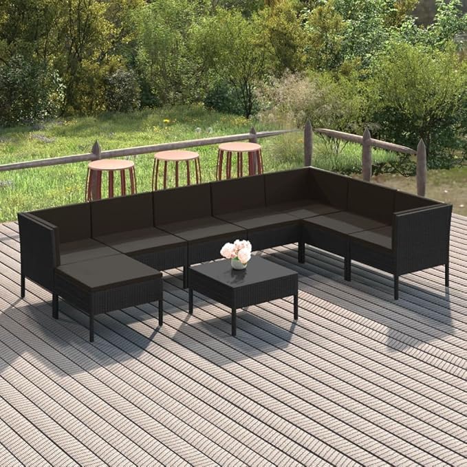 Patio Lounge Set with Cushions,Patio Furniture Sets,Patio Conversation Sets,Outdoor Furniture Sets,for Garden,Backyard,Outdoor,9 Piece Poly Rattan Black