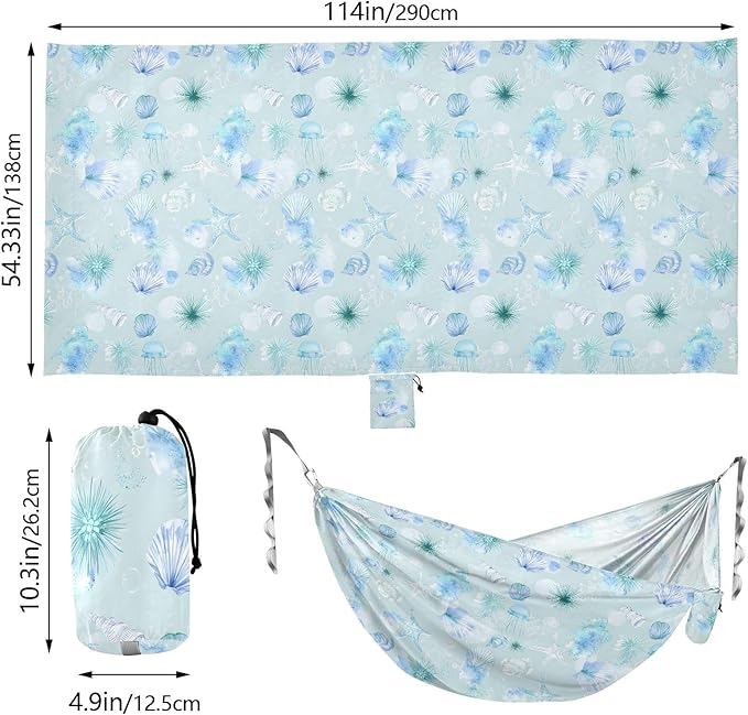 Camping Hammock Outdoor Hammocks for Outside Blue Shell Sea Urchin Beach Trees Portable Lightweight with Pockets Tree Straps Indoor Small
