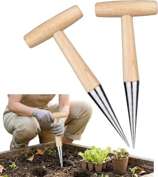 Plant Hole Digger for Planting, New Handheld Digger Garden Seed Planting Tool Bulb Planter Tool T Wooden Handl for Planting Tulip Daffodil Saffron Vegetable Seeds, Easy to Drill Holes (2 Pcs)