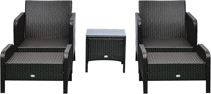 Outsunny 5 Pieces Rattan Wicker Lounge Chair Outdoor Patio Conversation Set with 2 Cushioned Chairs, 2 Ottomans and Tempered Glass Top Coffee Table, Brown/Blue