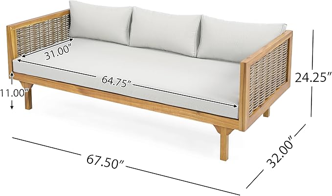 Merax Outdoor Acacia Wood Conversation Set - Patio 3-Seat Loveseat Sofa w/Coushion and Round Coffee Table for Backyard, Lawn, Balcony, Teak+Light Gray/Light Teak