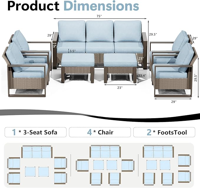 Outdoor Patio Furniture Set, 7 Piece Wicker Patio Conversation with Deep Seating, Thicken Cushions, Outdoor Club Chair, Metal Outdoor Furniture for Deck, Porch, Yard Use (Azure, 7 PCS/Chairs)