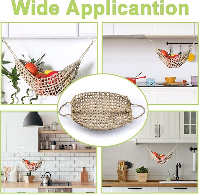Fruit Vegetable Hammock, Handmade Macrame Fruit Hammock Cotton Fruit Holder Net Under Cabinet Fruit and Veggie Storage Space Saving Kitchen Decor with Hooks