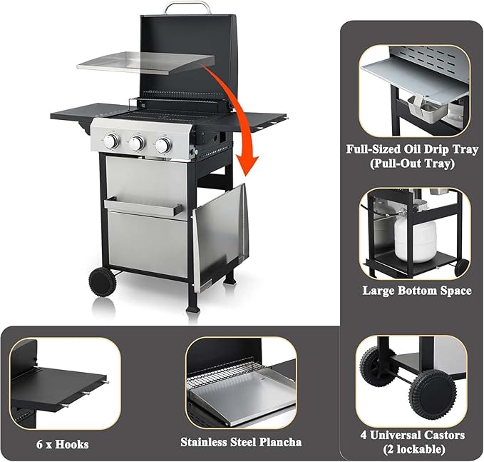 3 Burner BBQ Propane Gas Grill with Plancha Griddle, Stainless Steel Patio Garden Barbecue Grill with Two Side Shelves,36,900 BTU Outdoor Barbecue Cooking with Top Cover Lid
