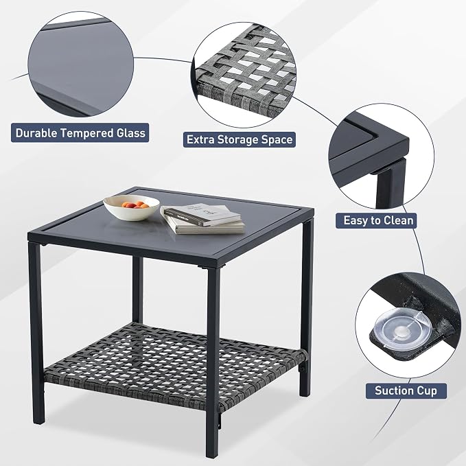 Ainfox 3 Pieces Patio Wicker Chairs Swivel Rocker, Outdoor Swivel Rocker Patio Chairs with Rattan Side Table, Patio Furniture Set for Patio Porch Pool, Grey