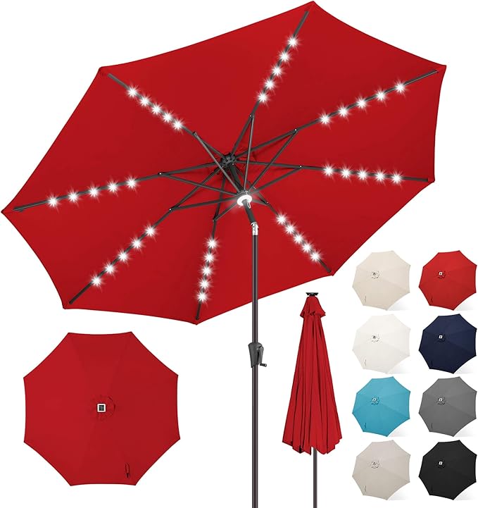 FLAME&SHADE 10 FT Solar Light Patio Umbrella, 40 LED Lights Outdoor Umbrella with Centre Surround Light, Table Market Umbrella for Deck, Pool, Porch, Backyard, Garden, UV Protection, Red