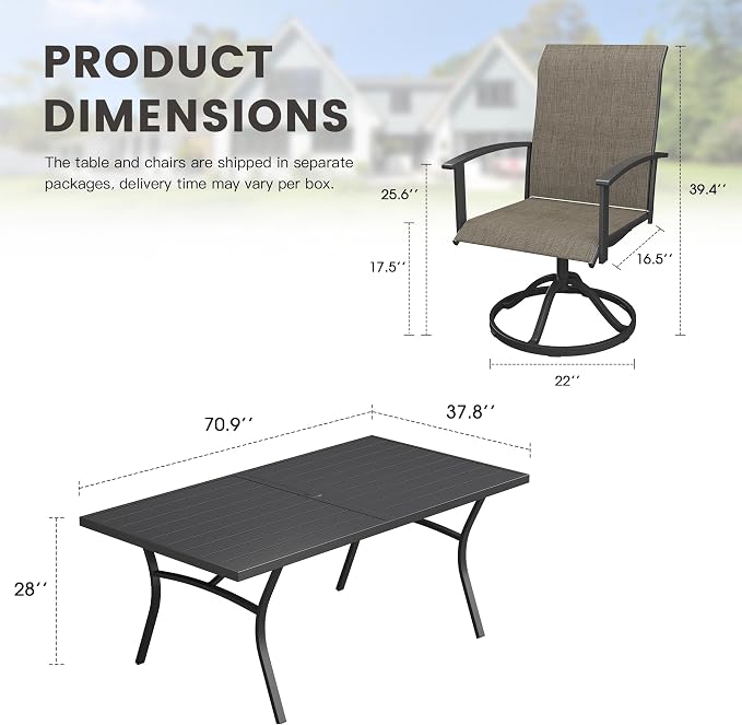7 Pieces Patio Dining Set, Outdoor Furniture of 70.9" Rectangular Patio Table and Patio Swivel Chairs for Backyard Lawn Garden, Black Table and Mixed Brown Chairs