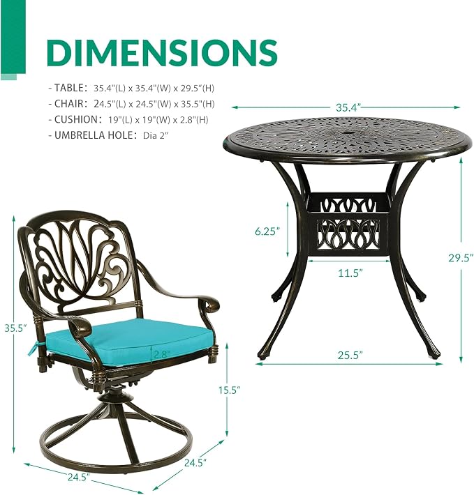 VIVIJASON 3-Piece Patio Furniture Dining Set, Outdoor All-Weather Cast Aluminum Bistro Set, Include 2 Swivel Chairs and 35.4" Round Table w/Umbrella Hole for Balcony, Lawn, Garden (Ocean Blue Cushion)