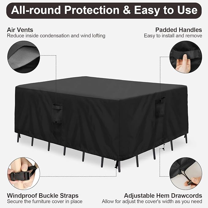 PureFit Patio Furniture Covers, Outdoor Table Furniture Cover Waterproof Rectangle, Patio Sectional Couch Set Cover for Deck, Lawn and Backyard, UV Resistant, 90"L x 64"W x 28"H, Black
