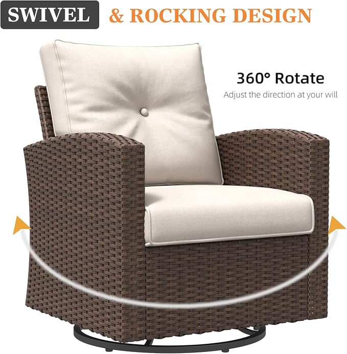 6 Pieces Patio Furniture Swivel Chairs Set with Fire Pit Table, Outdoor Wicker Glider Rocking Chairs with Sofa Set