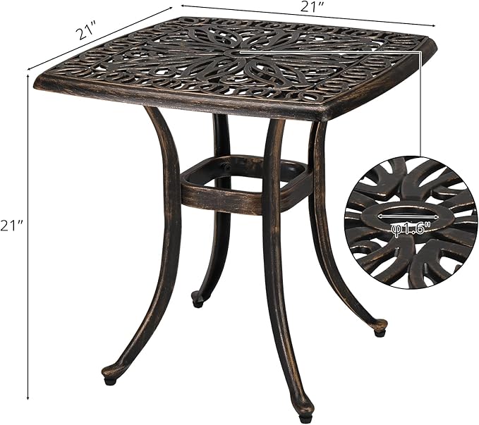 Patio Side Table,21.3” Outdoor Side Table, Cast Aluminum All-Weather Patio Side Table Small Outdoor Table Bistro Table with Umbrella Hole and Antique Design for Outside, Porch, Balcony, Patio, Bronze